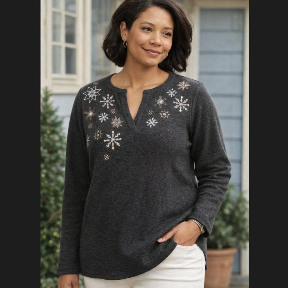 J. Jill Snowflake Top Plus 2X  Waffle Knit Embroidered Charcoal Gray Long Sleeve